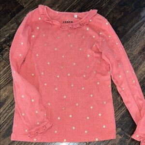 Boden Coral Pink Ruffle-Neck Sweater with Gold Stars